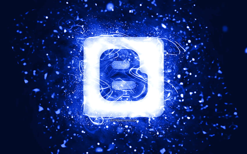 Logotipo azul oscuro de Blogger, luces de neón azul oscuro, creativo, abstracto azul oscuro, logotipo de Blogger, red social, Blogger fondo de pantalla