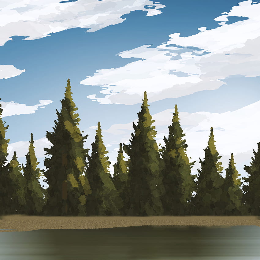 spruce, trees, forest, lake, art background, 3840X3840 HD phone wallpaper