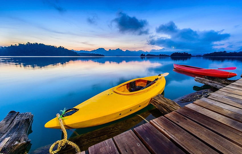 landscape, mountains, lake, dawn, boats, pier, Italy, Canoeing, Garda for , section пейзажи HD wallpaper