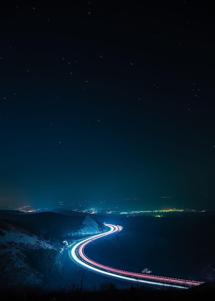 Nature, Night, Road, Turn, Backlight, Illumination HD phone wallpaper