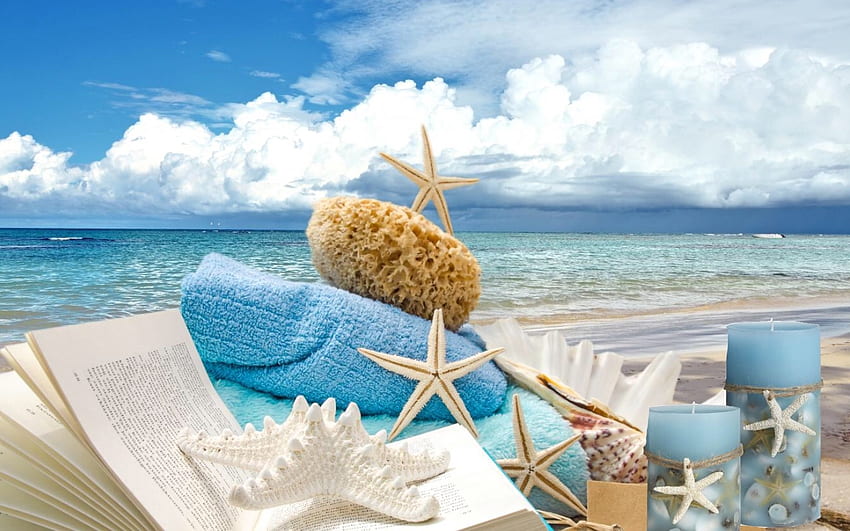 Summer Magic, soleggiato, sabbia, blues, stagione, libro, estate, oceano, candele, grafico, conchiglie Sfondo HD