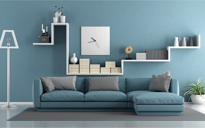 スタイリッシュなインテリア デザイン、リビング ルーム、青い壁、モダンなインテリア、モダンなスタイル、青いソファ 高画質の壁紙