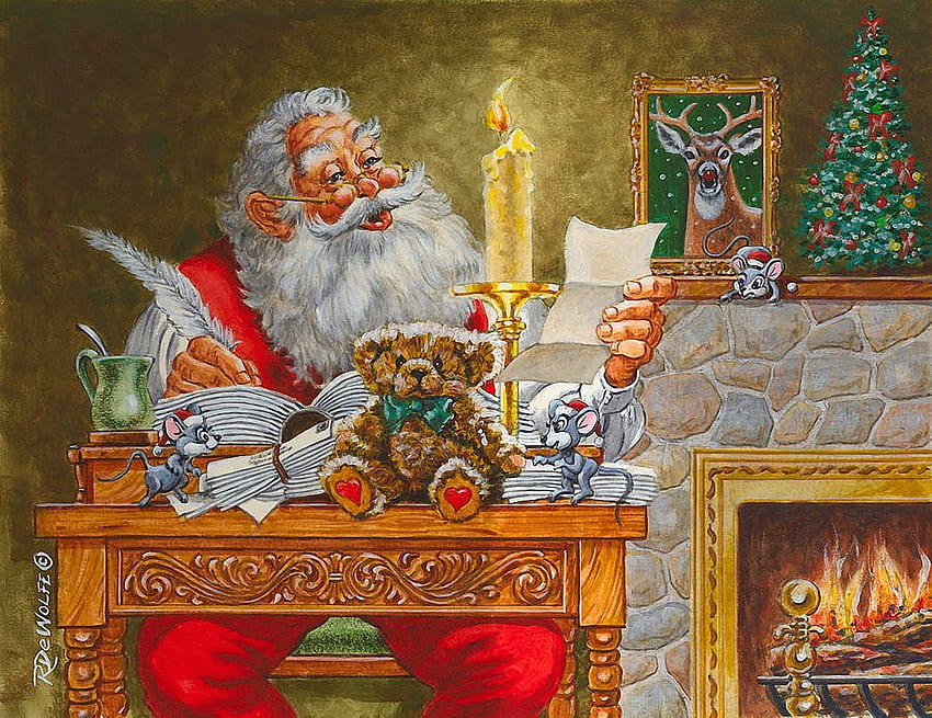 Cher Père Noël..., table, peinture, bougie, atelier, noël, cheminée, liste, nounours Fond d'écran HD