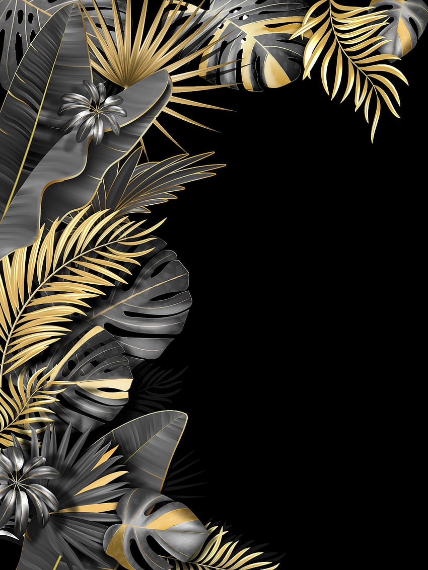 植物の熱帯の葉のフレーム。 ゴールドとブラックの背景、ゴールドの背景、ポップアート、ブラック トロピカル HD電話の壁紙