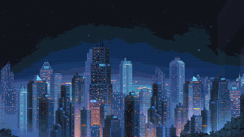 Пиксел арт градски пейзаж, небостъргачи, ретро, ​​2560X1440 пиксела HD тапет