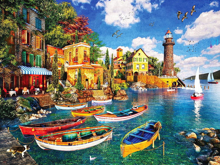 Mediterranean Harbor, artwork, digital, lighthouse, boats, clouds, sky, houses, village HD wallpaper