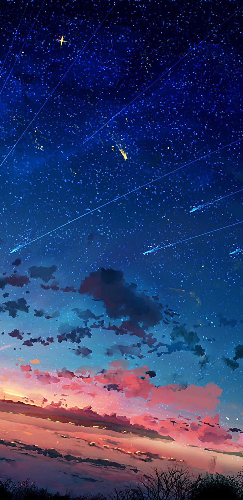 Anime Paysage Horizon Étoile Filante Coucher de Soleil Fond d'écran de téléphone HD