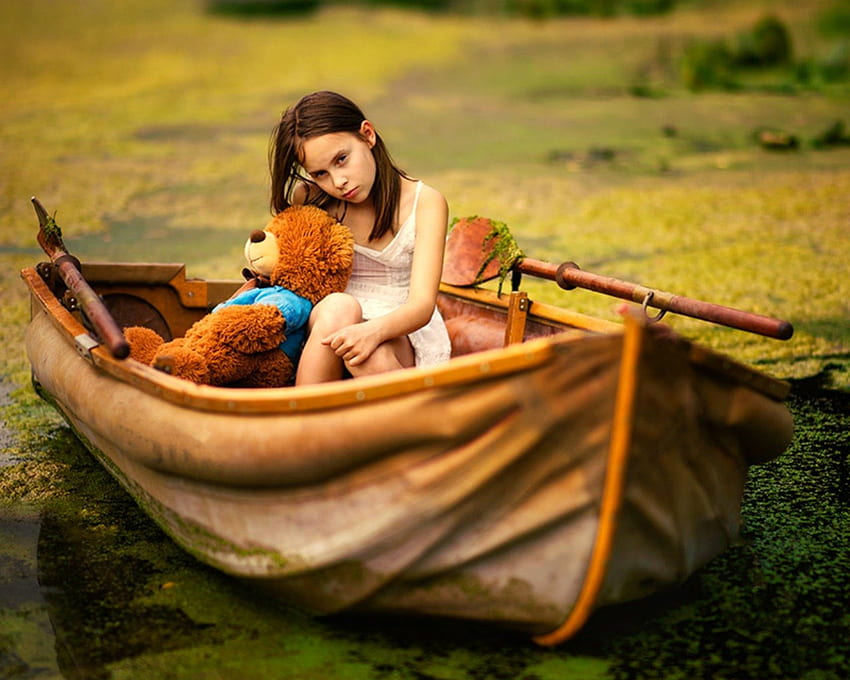 My Teddy, boat, teddy bear, sadness, child HD wallpaper
