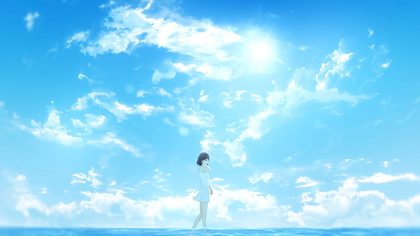 Girl walking in the sea on beautiful blue sky by furi / ふーり Ultra , Anime Blue Sky HD wallpaper