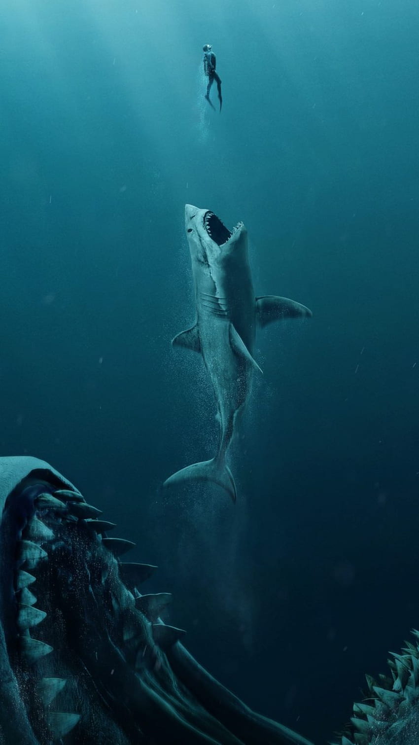 Meg 2018 na Inspirationde. Rysunek stworzeń morskich, rekin, straszny ocean, straszny podwodny Tapeta na telefon HD