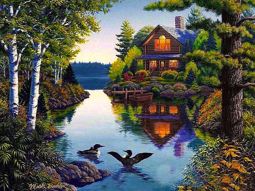 Beautiful cottage on the lake, mirror, colorful, mark, color, beautiful, wonderful, lake, outdoor, ducks, painting, nature, cottage, splendor, water, forest HD wallpaper