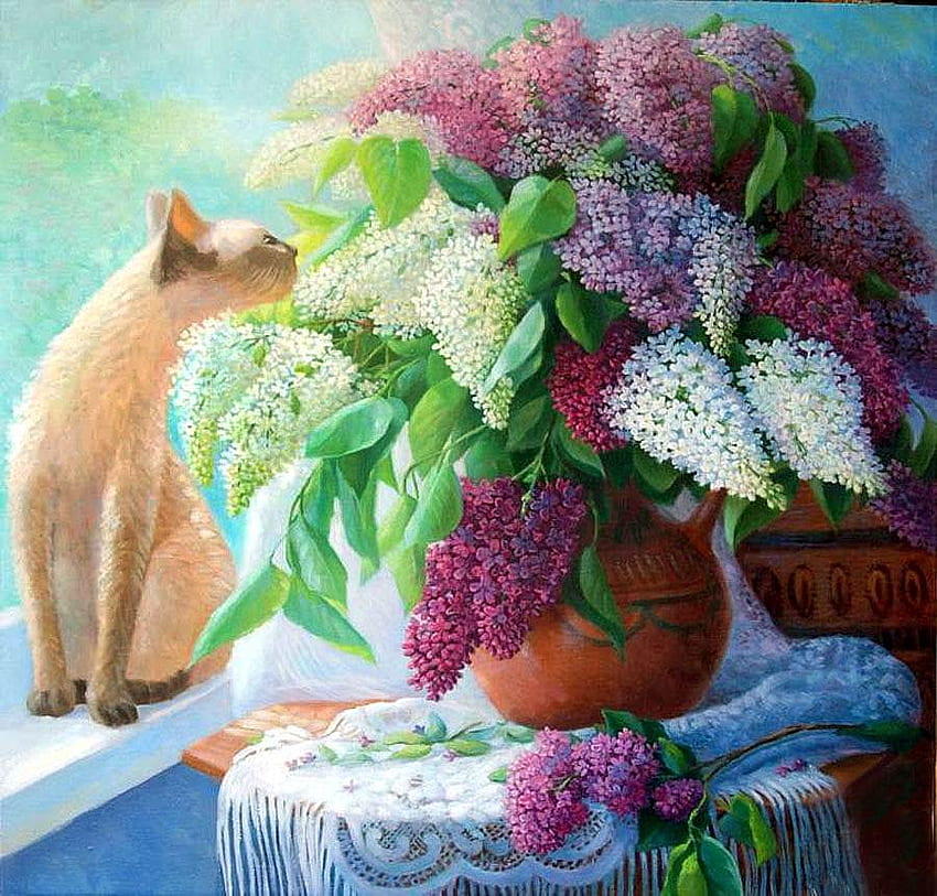 By Sidorenko, Jeanne. LILAC FRAGRANCE, kitten, still life, sidorenko jeanne, painting, art, flower, cat HD wallpaper