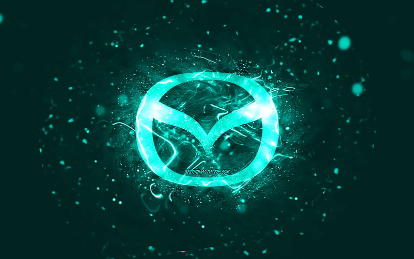 Mazda turkuaz logosu, turkuaz neon ışıkları, yaratıcı, turkuaz soyut arka plan, Mazda logosu, otomobil markaları, Mazda HD duvar kağıdı