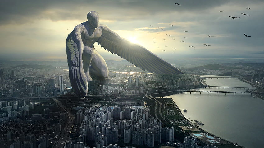 Giant Angel, city, 6K, Art, City of Heaven HD wallpaper
