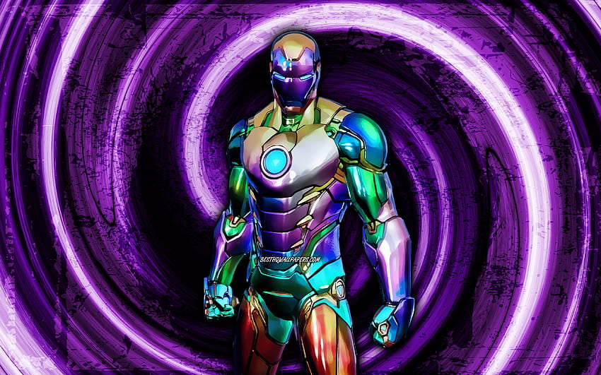 Holo Foil Iron Man, violet grunge background, Fortnite, vortex, Fortnite characters, Holo Foil Iron Man Skin, Fortnite Battle Royale, Holo Foil Iron Man Fortnite HD wallpaper