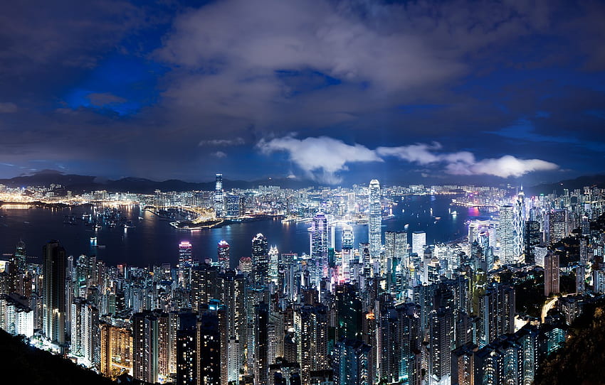 the sky, clouds, night, lights, view, height, Hong Kong, skyscrapers, backlight, panorama, China, blue, megapolis, Hong Kong for , section город, Hong Kong Night Skyline HD wallpaper