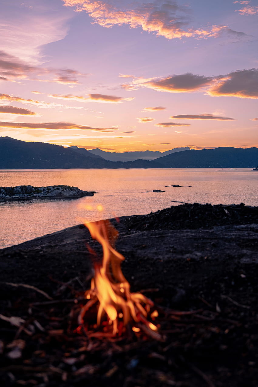 Sunset, Mountains, Sea, Fire, Bonfire, , , Campsite, Camping HD phone wallpaper