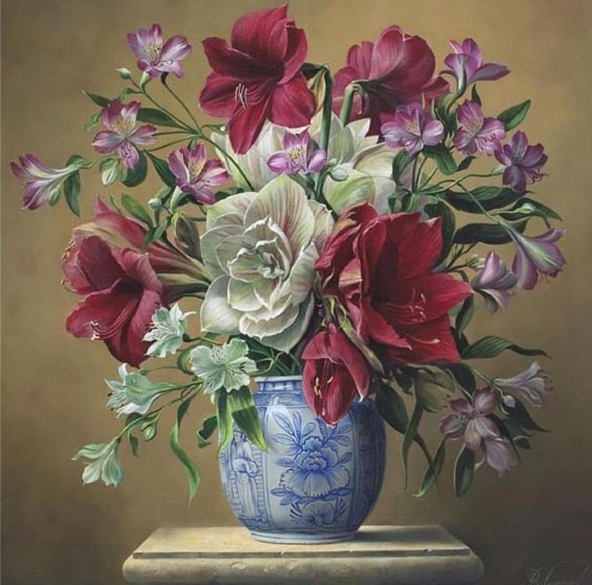 Strahlende Schönheit, Tisch, Gemälde, Marmor, Amaryllis, Blumen, blaue Vase, Arrangement, tiefrot HD-Hintergrundbild