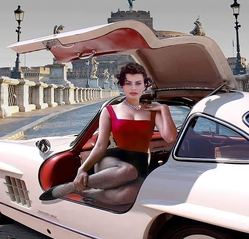 Sophia Loren, 1955 Mercedes Benz 300 SL, film, film, model, aktris, grafik Wallpaper HD