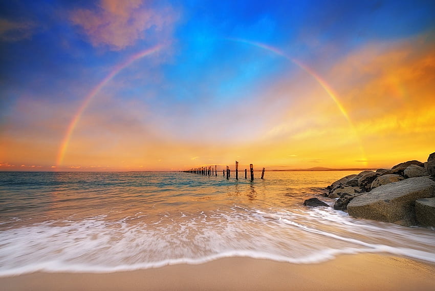 Regenbogen im Ozeanhorizont, Regenbogen, Meer, Natur, Sonnenuntergänge, Ozeane, Strände, Himmel HD-Hintergrundbild