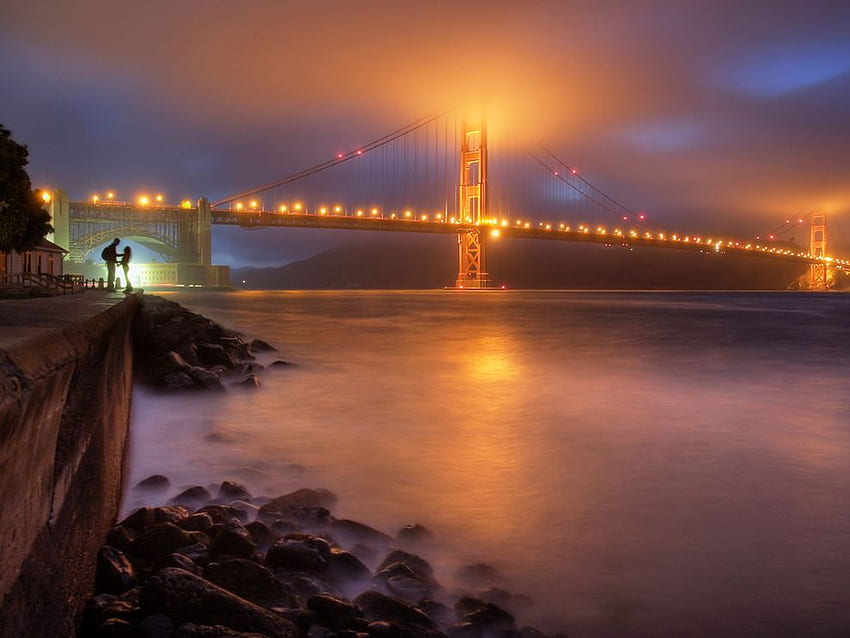 Мостът Голдън Гейт, през нощта, Сан Франциско HD тапет