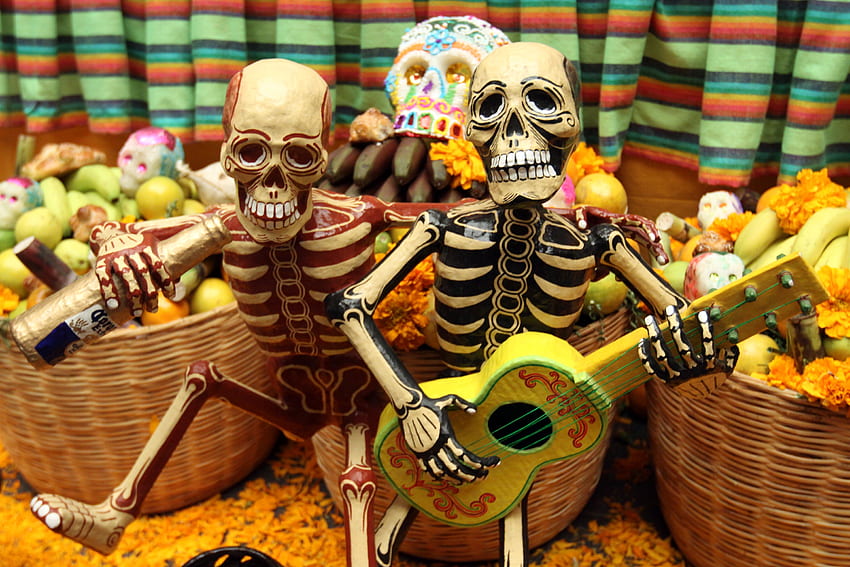 Dia de los muertos, halloween, instrument, yellow, skeleton, guitar, orange HD wallpaper