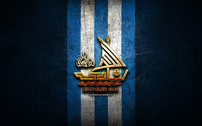 Al Hidd SCC, golden logo, Bahraini Premier League, blue metal background, football, Bahraini football club, Al Hidd SCC logo, Al-Hidd FC, soccer, Al Hidd FC HD wallpaper