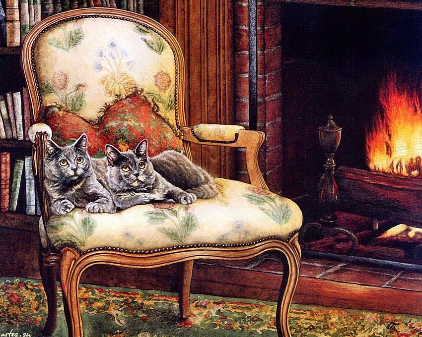 British Shorthair, artwork, painting, cozy, chimney, cats, armchair, fire HD wallpaper