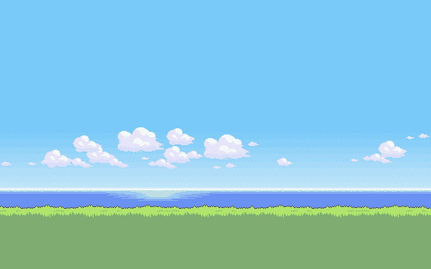Sky, grass, and body of water artwork, pixel art, grass, water, Cloud Pixel Art HD wallpaper