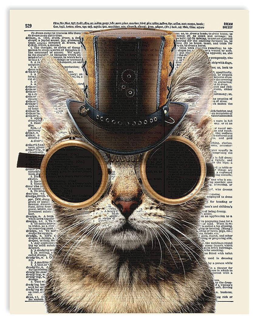 Impressão de arte de dicionário vintage reciclada de gato steampunk: produtos feitos à mão Papel de parede de celular HD