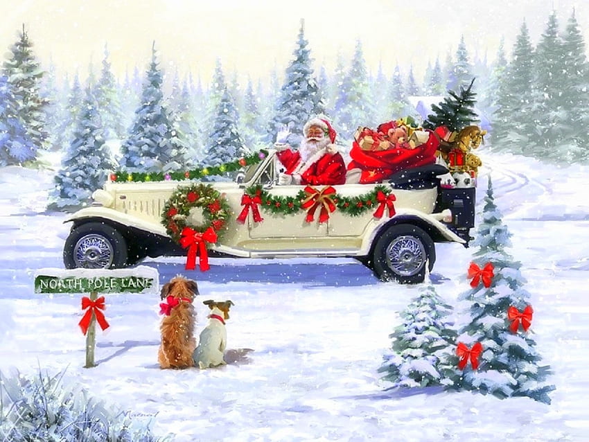サンタクロースの挨拶、冬、休日、夢のアトラクション、配達、プレゼント、サンタクロース、クリスマスツリー、四季の愛、クリスマス、雪、クリスマス、新年 高画質の壁紙