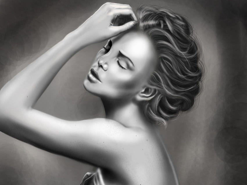 Black and white painting, pose, painting, art, black and white, girl HD wallpaper