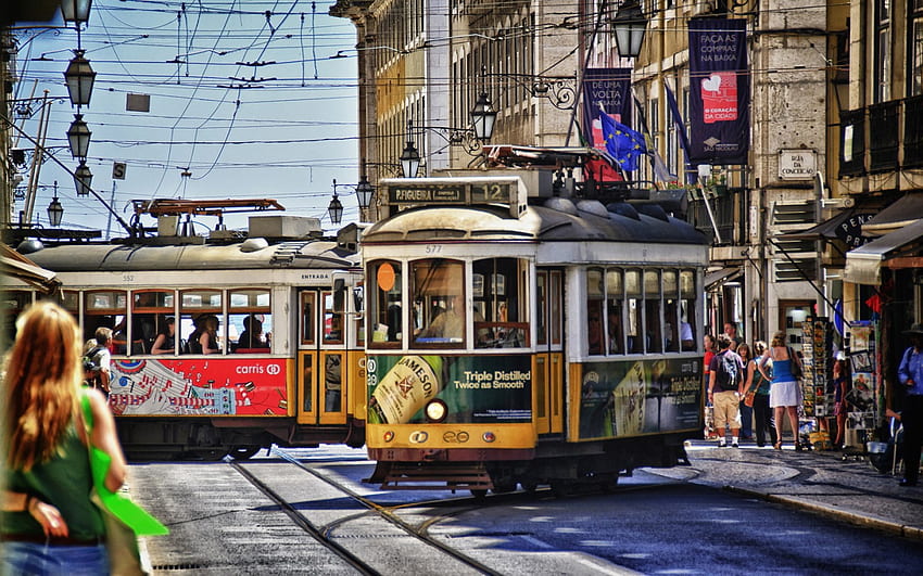 трамваи по улиците на лисабон r, трамваи, град, улици, писти, r HD тапет