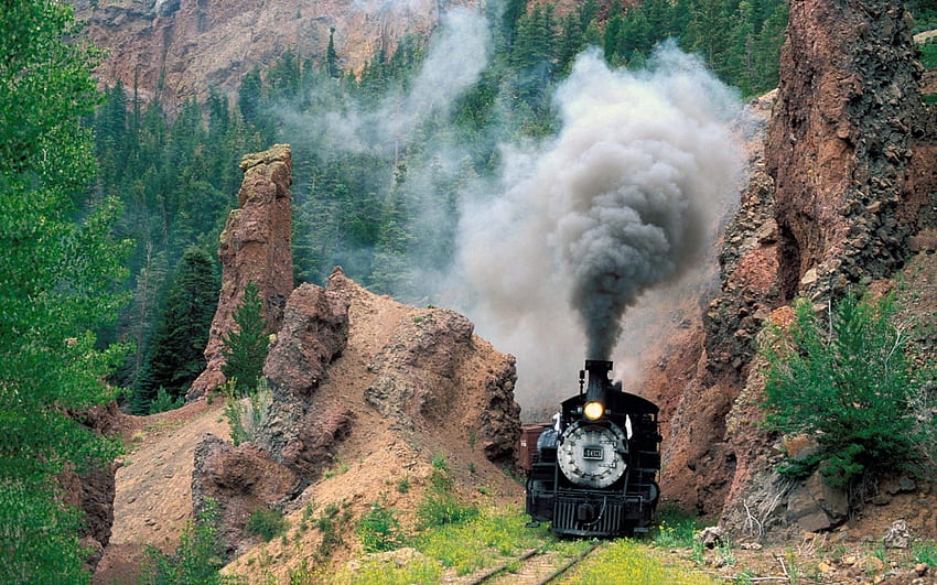 草, 山, 煙, その他, その他, 列車 高画質の壁紙