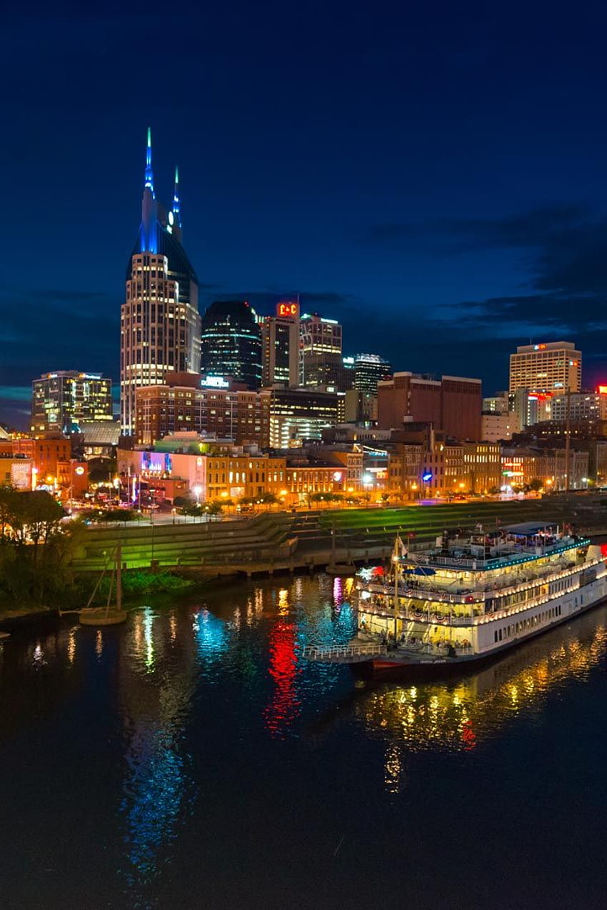 Nashville por la noche. ¿Qué tan hermosa es esta vista de la Ciudad de la Música?. Ciudad de Nashville, viaje a Nashville, recorridos por Nashville, horizonte de Nashville fondo de pantalla del teléfono