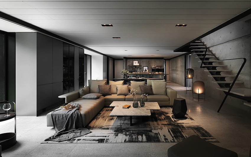 stilvolles wohnzimmerdesign, loft-stil, graue wände, wohnzimmer im loft-stil, betonwände, graues stilvolles innendesign, wohnzimmer HD-Hintergrundbild