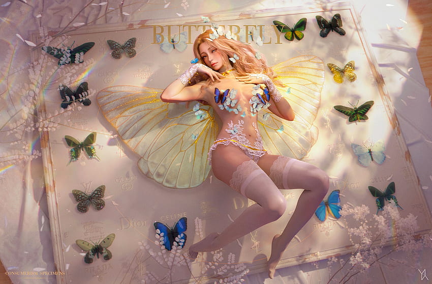 Butterfly Collector, fairy, digital, butterfly, fantasy, art, pretty, , girl HD wallpaper