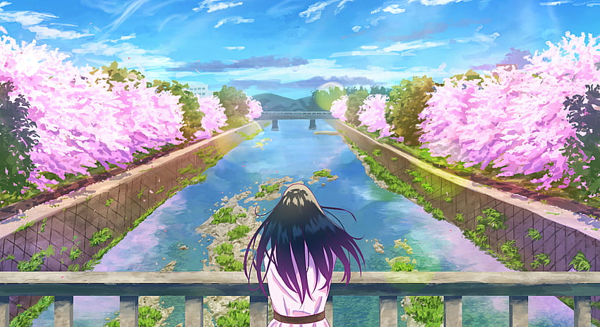 Foot bridge above body of water, anime, landscape HD wallpaper | Wallpaper  Flare