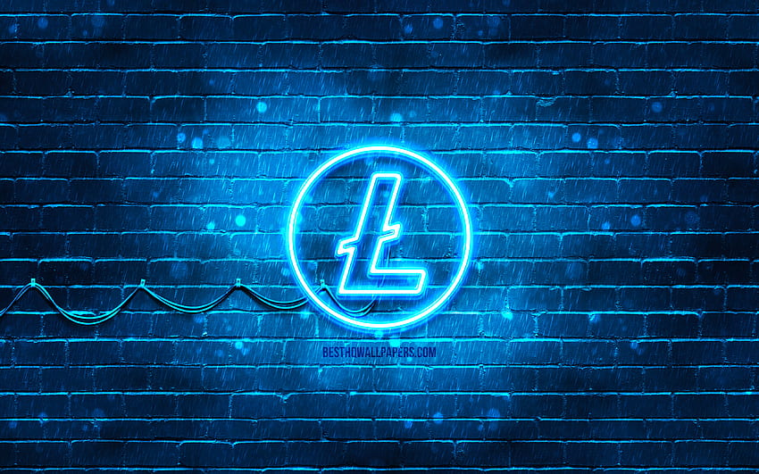 Litecoin blue logo, , blue brickwall, Litecoin logo, criptomoeda, Litecoin neon logo, Litecoin papel de parede HD
