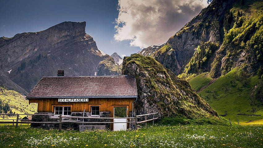 Caseificio presso le montagne svizzere, alpi, casa, nuvole, paesaggio, fiori, prato, cielo Sfondo HD
