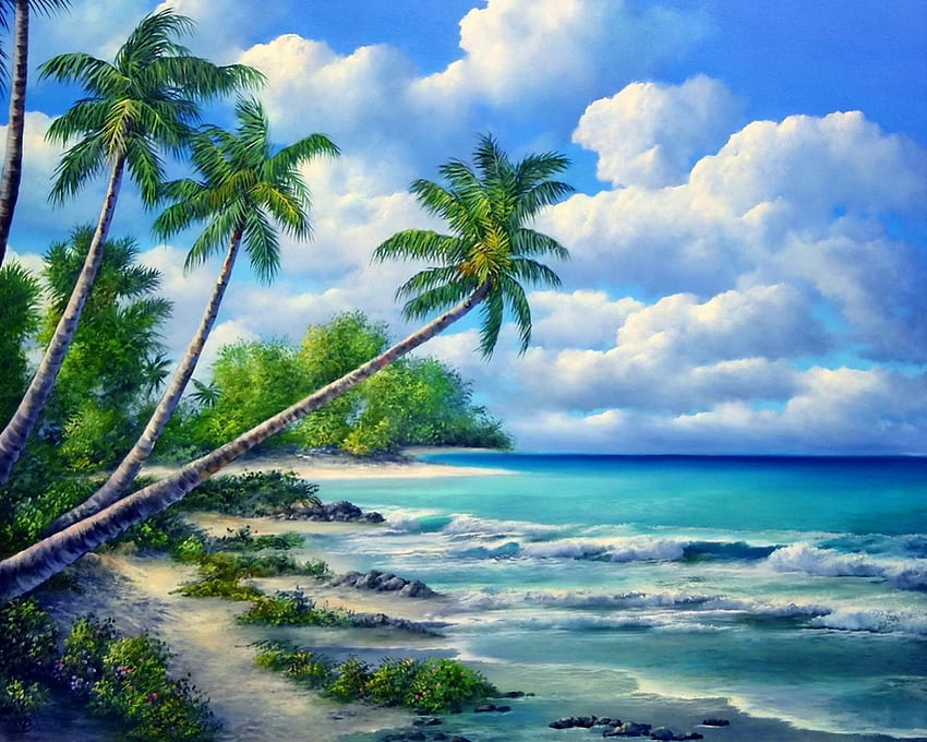 Tropical island, island, blue, tropical, nice, beach, waves, painting, trees, ocean, palm trees, palms, sea, art, tropics, exotic, beautiful, summer, pretty, clouds, nature, sky, lovely HD wallpaper