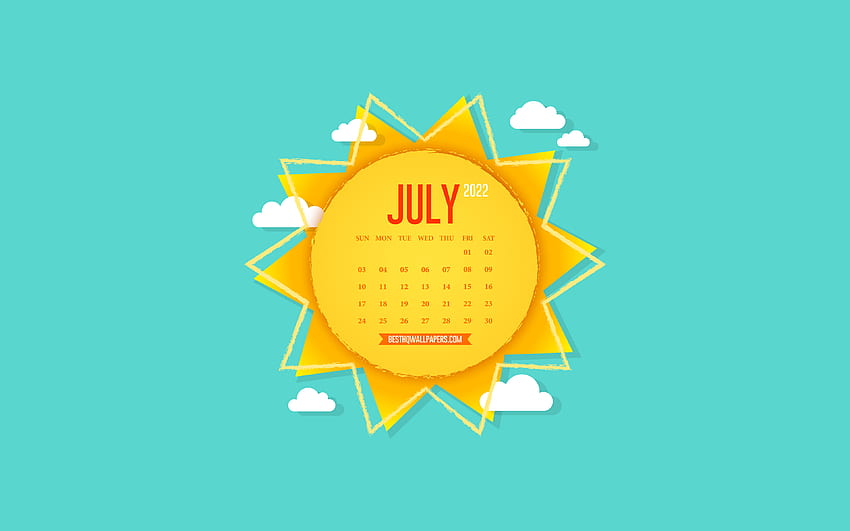 Calendrier de juillet 2022, soleil créatif, art du papier, arrière-plan avec le soleil, juillet, ciel bleu, calendriers d'été 2022, calendrier de juillet 2022 Fond d'écran HD