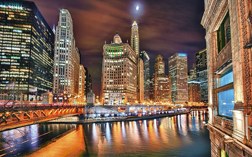 Städte, Flüsse, Großstadt, Wolkenkratzer, Gebäude, Abend, r HD-Hintergrundbild