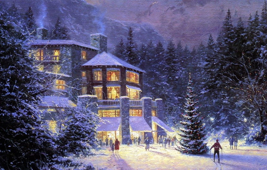 forest, people, holiday, Winter, , ate, Christmas, tree, the hotel, painting, Christmas, skier, Thomas Kinkade, Christmas At The Ahwahnee for , section живопись HD wallpaper