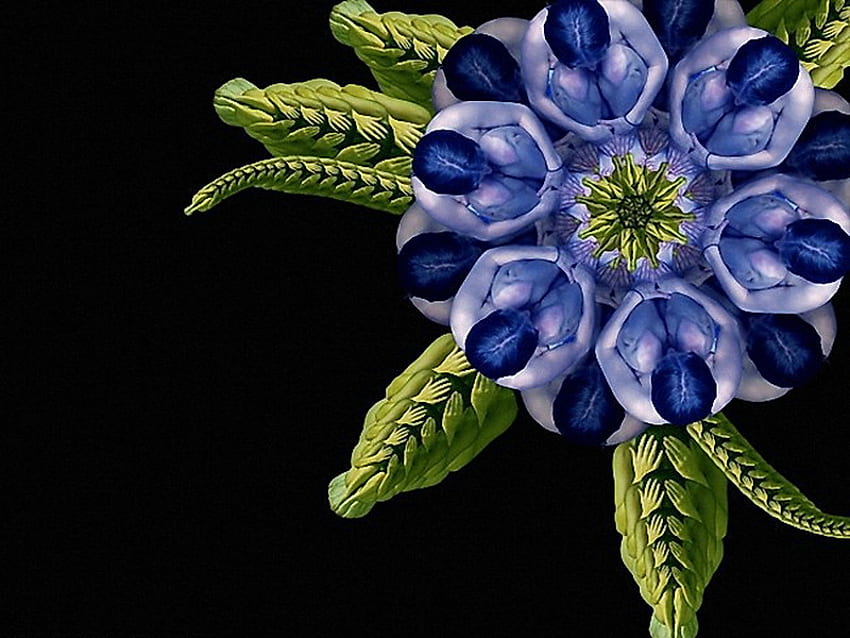 Flower people -one, flower, green, shape of petals, blue people, posed HD wallpaper