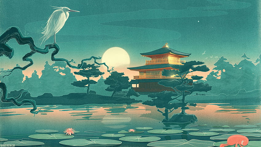 Landscape Figure Japan House Temple Lake Trees Herons Lily Moon, 2.560 X 1.440 HD wallpaper