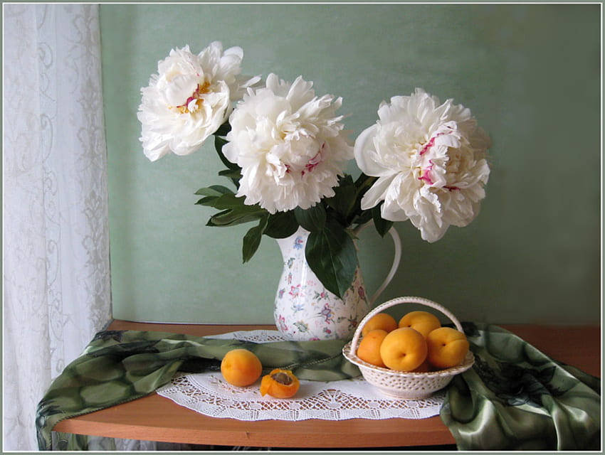 still life, bouquet, graphy, nice, flower, fruit, , white, elegantly, peony, vase, apricot, beautiful, jug, cool, flowers, scarf, harmony HD wallpaper