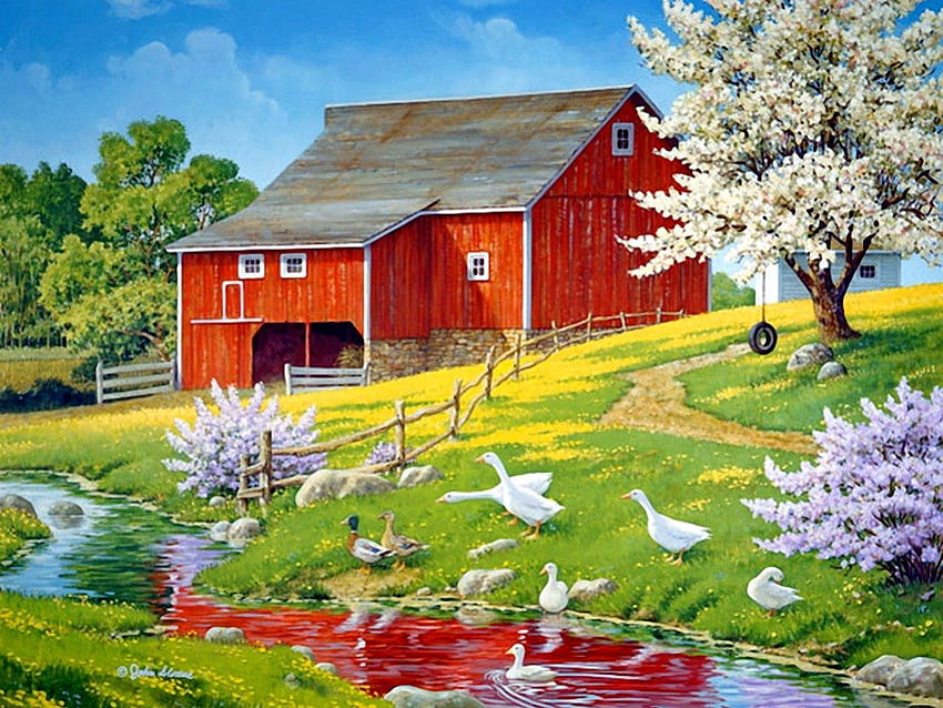 Spring visitors, river, colorful, creek, peaceful, goose, spring, serenity, nice, eautiful, quiet, shore, visitors, painting, blossoms, fence, trees, barn, art, slope, house, farm, grass, ducks, pretty, blooming, nature, cottage, lovely, calmness, village, countryside HD wallpaper