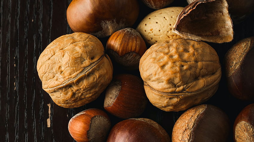 nuts, hazelnuts, walnuts 16:9 background HD wallpaper