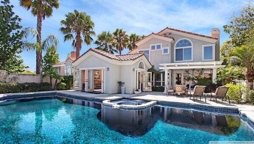 cool pool in a beautiful backyard, palms, backyard, pool, house HD wallpaper